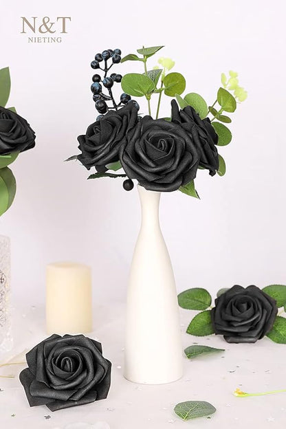 N&T NIETING Artificial Flowers Black Rose 50pcs Real Touch Flowers Perfect for for DIY Bouquets Wedding Party Baby Shower Home Decoration