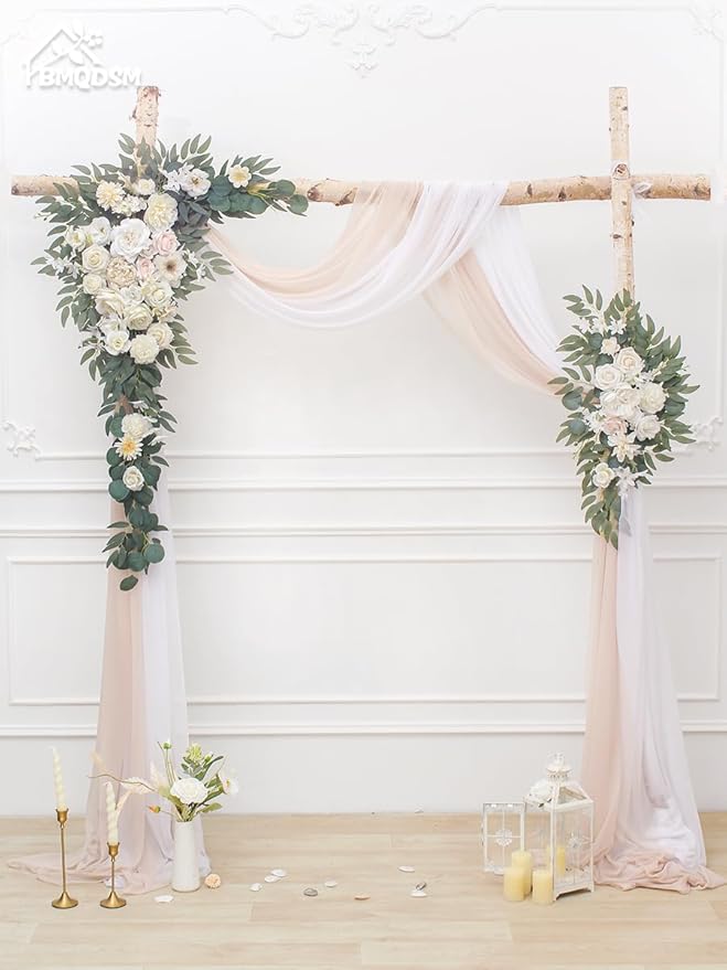Faux Flowers Arch Flowers with Drapes (Set of 4) Wedding Decor and Wedding Arch Draping Artificial Flower Arrangements Decorations for Reception (White)