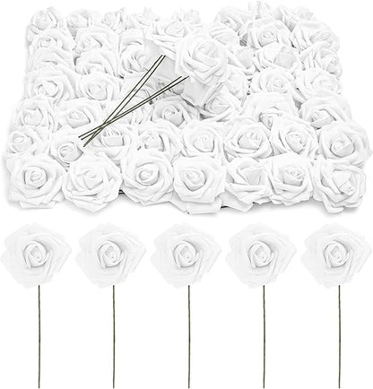 Bright Creations Bright White Roses Artificial Rose Flowers for Wedding Bouquet & Bridal Shower DIY Party Decor - 3 Inch Head, 9 Inch Stem, 60 Pack