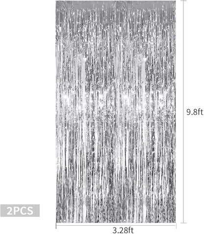 TONIFUL 2Pcs Silver Metallic Tinsel Foil Fringe Curtains,Black Photo Booth Backdrop Streamer Curtain Photo Booth Props for Bachelorette Party,Birthday,Graduation,Christmas Decor(6.6ft x 9.9ft)