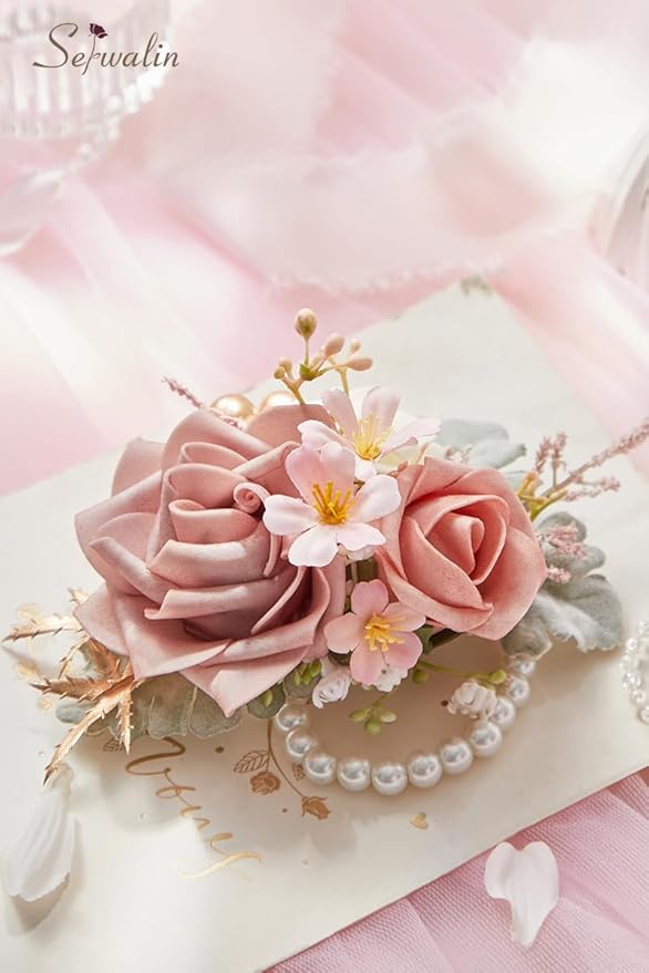 Serwalin Set of 2 Wrist Corsage for Wedding, 6-7 Inc𝗵 Corsages for Bridesmaid Mother Grandmother, Artificial Flowers for Prom Ceremony Anniversary Cake Topper(Pink)
