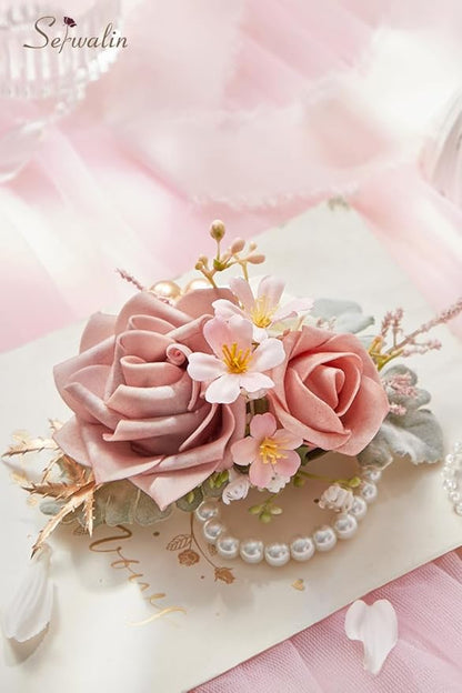 Serwalin Set of 2 Wrist Corsage for Wedding, 6-7 Inc𝗵 Corsages for Bridesmaid Mother Grandmother, Artificial Flowers for Prom Ceremony Anniversary Cake Topper(Pink)