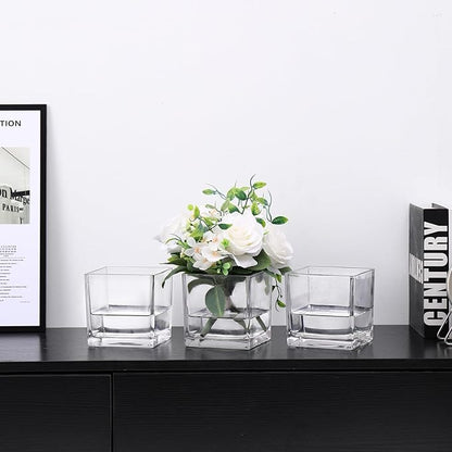 Square Glass Vases Set of 6, 4" x 4" x 4" Square Flower Vases for Centerpieces, Clear Vase for Flowers, Small Vase for Wedding, Party, Home Office Decoration