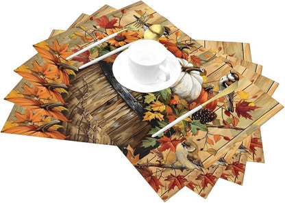 PVC Placemats Set of 1 Wipeable Table Mats Washable Heat Resistant Non Slip Vinyl Dining Table Mat for Kitchen Indoor Outdoor Patio Farmhouse Place Mats Retro Wooden Fall Bird Decorative