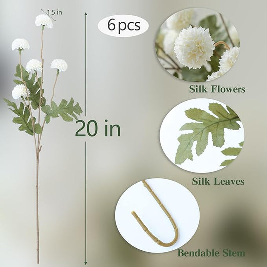 mizii 6Pcs White Fake Silk Pompon Mum Artificial Flowers Bulk Small Faux Chrysanthemums with Stems Realistic Floral Decorations for Wedding DIY Bouquet Centerpieces Shower Vase Home Decor (White)