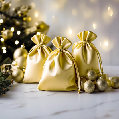 3" x 4" Gold Satin Gift Bags, Jewelry Bags, Wedding Favor Silky Drawstring Baby Shower Christmas 50 per Pack