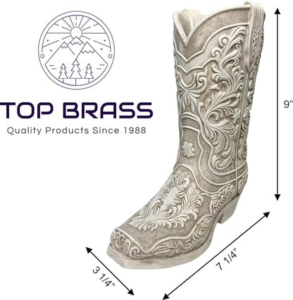 Cowgirl Boot Flower Vase – 9” Tall Antique White Finish with Intricate Tooled Leather Detailing - Decorative Western Cowboy Modern Rustic Decor