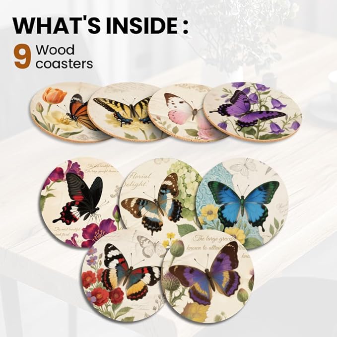 ANATTASOUL Coasters Set of 9 Vintage Floral and Butterfly Pattern Colorful Wooden Coasters Bulk Round Housewarming Gift for New Home, 3.9" Decorative Coffee Table Protection for Farmhouse Bar Decor