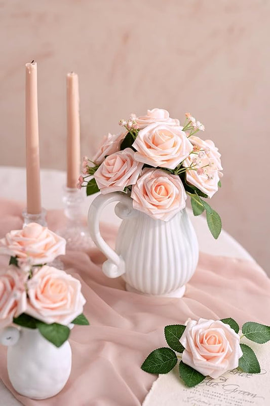 Ling’s Moment Artificial Flowers 25Pcs Glowing Blush Roses Decor w/Stems,3" Real Touch DIY Foam Floral for Wedding Bouquet/Centerpieces, Outdoors Party Backdrop, Room/Table, and Garden/Pot Decorations