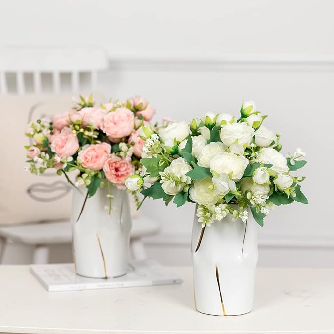 Floweroyal 4 Bunches Peony Artificial Flowers White Flowers Silk Peonies Bouquets for Wedding Party Table Centerpieces Floral Arrangement Home Kitchen Decor.