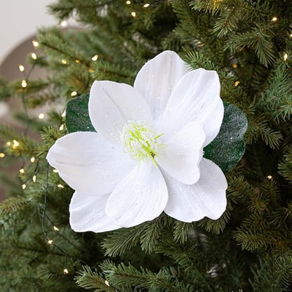 Artificial Magnolia Flowers with Glitter, Foldable Christmas Tree Decor for Holiday, Wedding, Home Vase Arrangements (Gold)