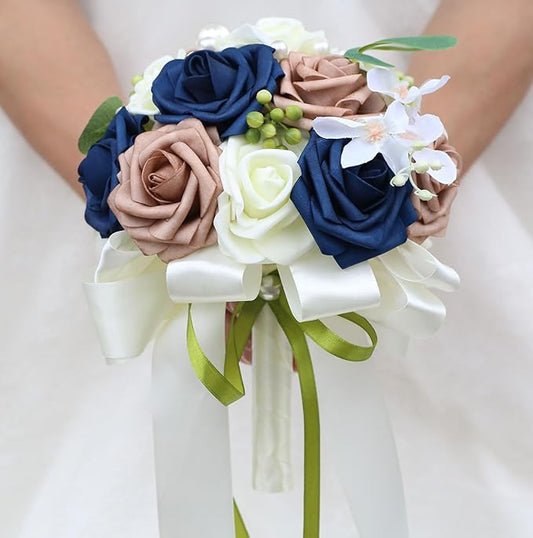 Lightweight Bridal Wedding Bouquet Round Holding Bouquet Throw Toss Artificial Rose Flower Bunch for Bride Bridesmaid Wedding Quinceanera (Cream, Navy & Rosy Brown, 9.1")