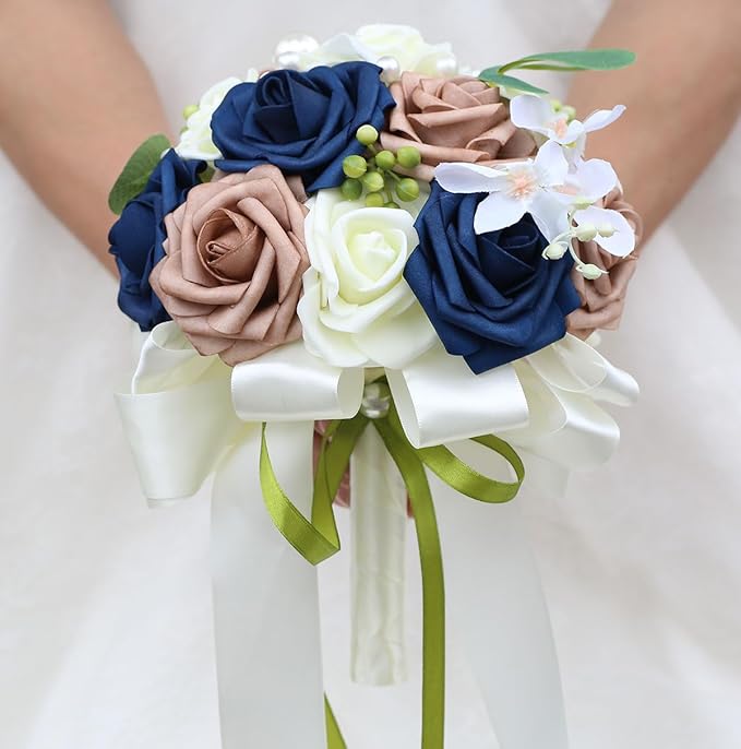 Lightweight Bridal Wedding Bouquet Round Holding Bouquet Throw Toss Artificial Rose Flower Bunch for Bride Bridesmaid Wedding Quinceanera (Cream, Navy & Rosy Brown, 6.7")