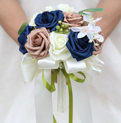 Lightweight Bridal Wedding Bouquet Round Holding Bouquet Throw Toss Artificial Rose Flower Bunch for Bride Bridesmaid Wedding Quinceanera (Cream, Navy & Rosy Brown, 6.7")