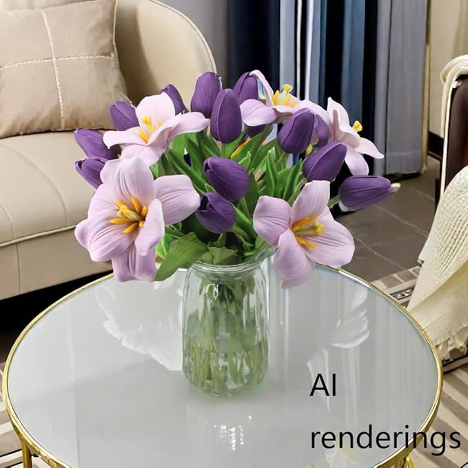 Artificial Flowers 10 Heads Mini Real Touch Artificial Tulip for Home Wedding Party Centerpiece Decoration (Dark Purple)