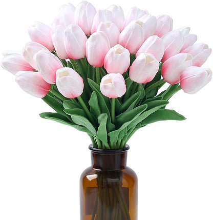 SITUMEIZI 15pcs Pink Tulips Fake Artificial Flowers Real Touch 14" Silk Flower for Home Decor Spring Easter Wedding Bouquet Decorations Gifts(Pink Base)