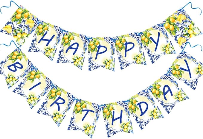 Letjolt Lemon Happy Birthday Banner Blue Girls Birthday Flag Summer Theme Party Signs Baby Shower Decorations Supplies for Women 13 pcs