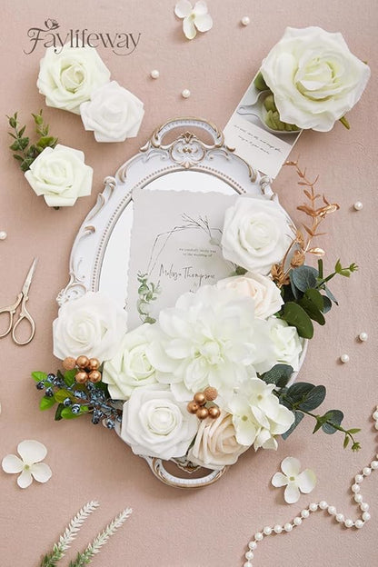Artificial Flowers, 2PCS White Silk Flowers with Stems for DIY Wedding Bridal Bouquets Baby Shower Floral Arrangement Table Centerpieces Home Decoration