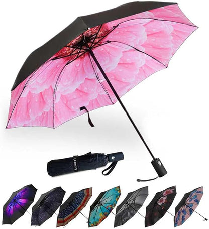 LLanxiry Compact Travel Umbrella, 44" Canopy, Automatic Open/Close Windproof Umbrella, 210T Pongee, 8-Rib Fiberglass, Travel Size Mini, Portable Rain/Sun Umbrellas UPF 50+ with Cover