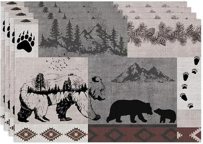 Retro Rustic Lodge Bears Placemats Set of 4, Vintage Cabin Pine Tree Farmhouse Country Style Place Mats, Heat Resistant Non Slip Cotton Linen Dining Table Mats for Home Kitchen 18x12 Inch