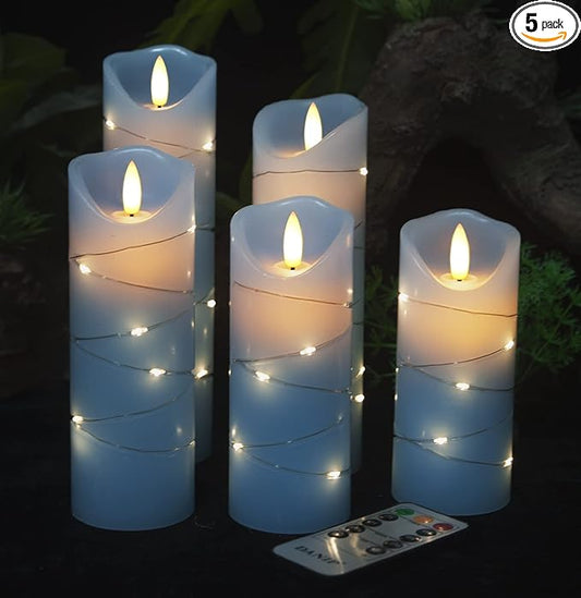 danip LED Flameless Candle with Embedded Star String, 5 Piece LED Candle with 10 Button Remote Control, 24 Hours Timer Function, Dancing Flame, Real Wax, Battery Powered. (Sky Blue)