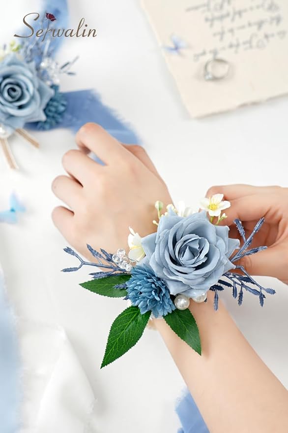 Serwalin Corsage and Boutonniere Set, Boutonniere and Wrist Corsage Wristlet Prom Homecoming Wedding Flowers Accessories Prom Suit Decorations (Blue & Dusty Blue)