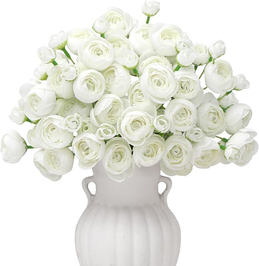 Ranunculus Artificial Flower White Faux Silk Mini Peony Flowers Fake Peonies Wedding Flowers DIY Bouquet for Centerpieces Arrangements Bridal Shower Decorations 18 Pcs(White)