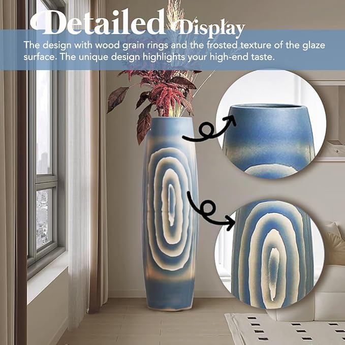 Tall Blue Floor Vase 31 inches, Handmade Large Ceramic Vases for Home Decor Living Room, Imitation Wood Grain Decorative Vases Wide Mouth Opening Corner Vase for Pampas Grass