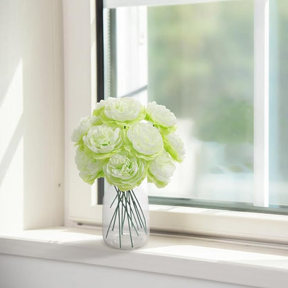 12 PCS Artificial Silk Green Peony Flowers with Stems - 8 Inch Fake Peony Bouquet for Wedding, Home Decor, Office Table, Festival Gifts