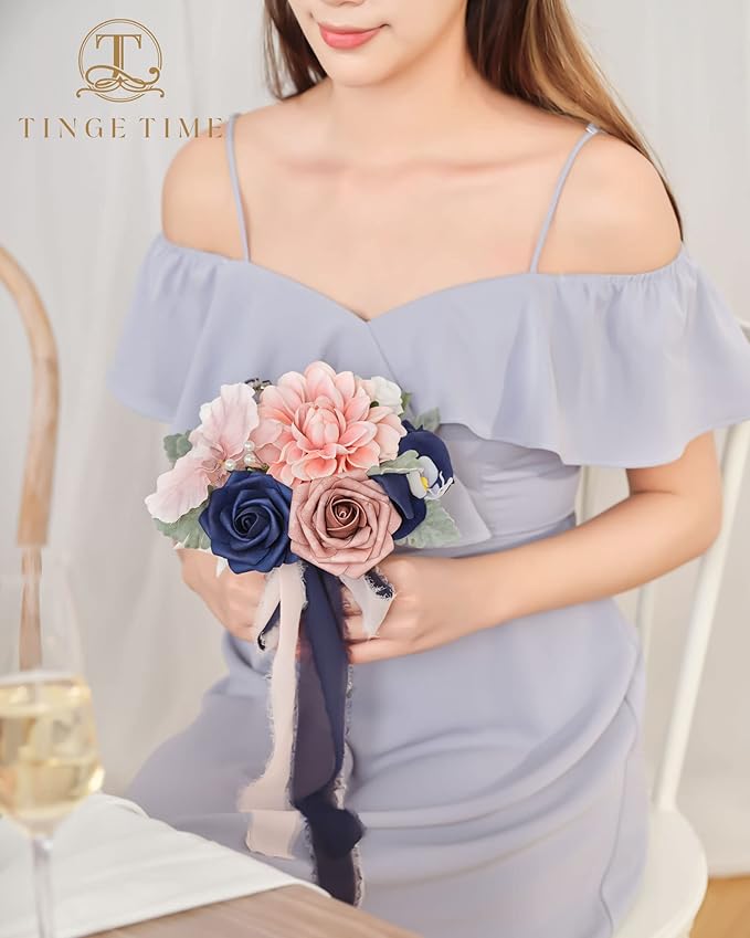 TINGE TIME 7inch Wedding Bouquets for Bridesmaid, Artificial Flowers Cascading Bridal Bouquet for Wedding (Dusty Rose & Navy Blue, Set of 4)