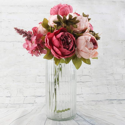 Flojery Silk Peony Bouquet Vintage Artificial Peonies Flower for Home Wedding Party Decor (1pcs, Dark Pink)