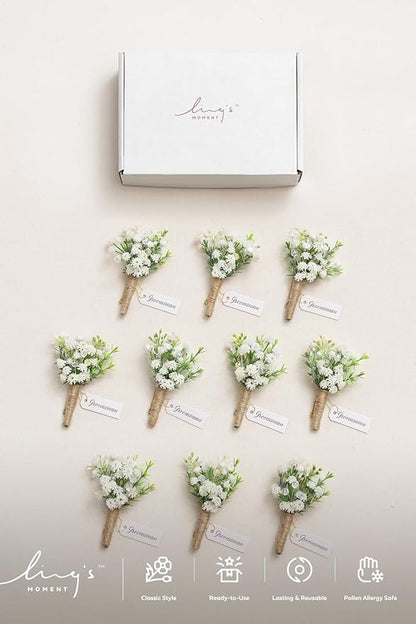 Ling's Moment Boutonniere for Men, 10pcs Groomsmen Guest Boutonniere, Artificial Flowers for Wedding Décor/Prom/Homecoming,etc.Baby Breath White