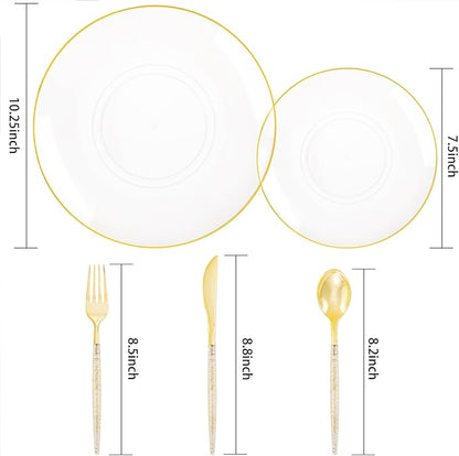 Liacere 150PCS Clear Gold Plastic Plates - Gold Plastic Silverware with Glitter Handle - Clear Disposable Plates Include 30 Guests Plates, Forks, Spoons, Knives for Wedding & Party&Chrismas