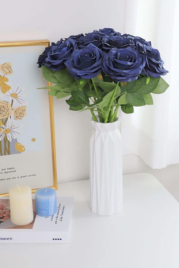 Artificial Rose Flower Navy Blue Flowers Navy Blue Roses Silk Flowers 12 pcs with Long Stem Silk Roses Bouquet for Wedding Bridal Shower Party Home Decoration