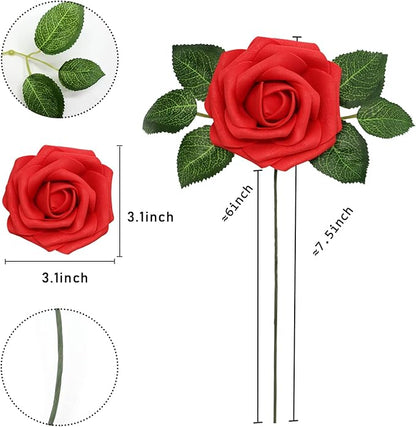 Artificial Roses Flowers 50pcs Real Looking Foam Fake Roses with Stems for DIY Wedding Bouquets Bridal Shower Centerpieces Party Decorations (50, Red)