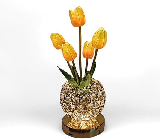 Cordless Tulip Flower Lamps, 3 Colors Touch Stepless Dimming Crystal Night Light, Rechargeable Artificial LED Flower with Vase Lamp Romantic Decor for Mothers Day,Xmas,Birthday (OG)