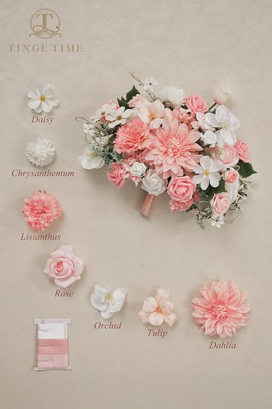 TINGE TIME 11 Inch Wedding Bouquets for Bride, PeachPink&White Artificial Flowers Bouquet, Brides & Bridesmaids Bouquet for Wedding Anniversary Ceremony Bridal Shower Decorations
