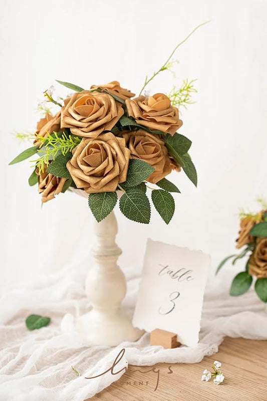 Ling's moment Fall Artificial Flowers 25Pcs Shimmer Gold Roses w/Stems,3" Real Touch DIY Foam Floral for Wedding Bouquet/Centerpieces, Outdoors Party Backdrop, Room/Table, and Garden/Pot Decorations