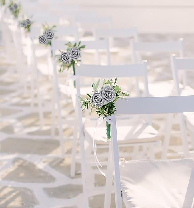 IPOPU Silver Roses,25PCS Glitter Roses Bouquet Fake Flowers with Crystal for Cake Wedding Bouquet Home Party Decoration(Silver)