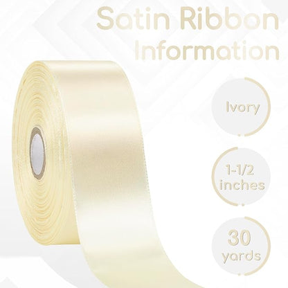 Ivory Ribbon 1-1/2 Inch 30 Yards, Cream Satin Ribbon for Gift Wrapping, Flower Bouquet, Crafts, Baby Shower, Christmas, Wedding and Bow Making