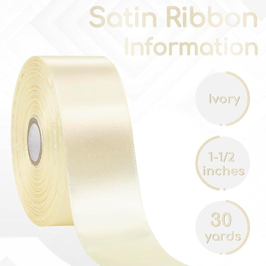 Ivory Ribbon 1-1/2 Inch 30 Yards, Cream Satin Ribbon for Gift Wrapping, Flower Bouquet, Crafts, Baby Shower, Christmas, Wedding and Bow Making
