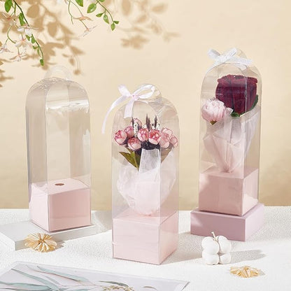 BENECREAT 12Pcs Single Rose Flower Box Empty Bag, Clear Flower Packing Boxes Flower Gift Boxes for Graduation Wedding Birthday Floral Gift Floral Arrangement Supply, Pink