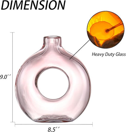 Glass Vase, Donut Vase, Pink Glass Vase, Flower Vase, Decorative Vase, Modern Vase, Round Glass Vase for Home, Living Room, Dining Table, Entryway, Mantle, Shelf, Wedding, Office, Coffee Table