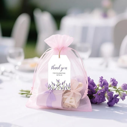 G2PLUS 50Pcs Lavender Thank You Tags - Floral Gift Tags with String, Thank You for Celebrating with Us Tag, White Paper Party Favors Hangtag for Wedding, Baby Shower, Bridal Shower, Birthday