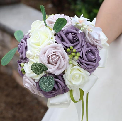 Lightweight Bridal Wedding Bouquet Round Holding Bouquet Throw Toss Artificial Rose Flower Bunch for Bride Bridesmaid Wedding Quinceanera (Cream, Deep Taro & Light Taro, 6.7")