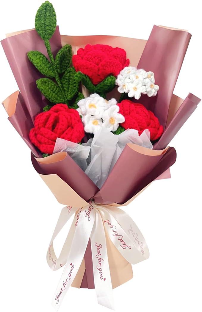 Crochet Rose Flower Bouquet, Red Rose Forget Me Not Knitted Artificial Flowers, Handmade Finished Crochet Bouquet, Gift for Mother Wife Women