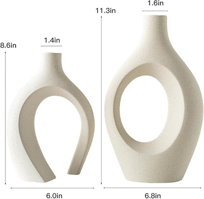 XL Cream White Snuggle Hollow Ceramic Vase of 2 for Coffee Table Decor, Modern Minimalist Aesthetic Donut Floral Vases, for Home Living Room Entryway Table Shelves Decorative (W 6.8" X H 11")