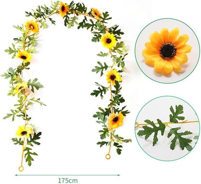 Artificial Sunflower Vine 175cm, Fake Sunflowers Garland with Yellow Silk Flowers and Green Leaves for Wedding Party Home Decor, 2 Pack