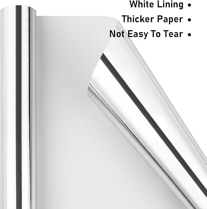 NESCCI Silver Metallic Wrapping Paper, Solid Color Paper,Gift Wrapping Paper,Perfect for Wedding,Valentine's Day,Birthday, Christmas,Baby Shower,DIY Bouquet (17.5 Inches X 32.8 Feet)