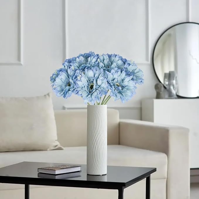 Daisy Flowers Artificial Flowers Blue Silk Flowers Gerber Daisy Artificial 10PCS Fake Daisies 17.7in Faux Daisies for Wedding Bridal Bouquet Party Home Kitchen Decor(Blue)